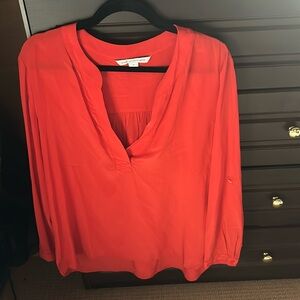 Diane Von Furstenberg DVF size 12 silk blouse v neck tomato red roll sleeve